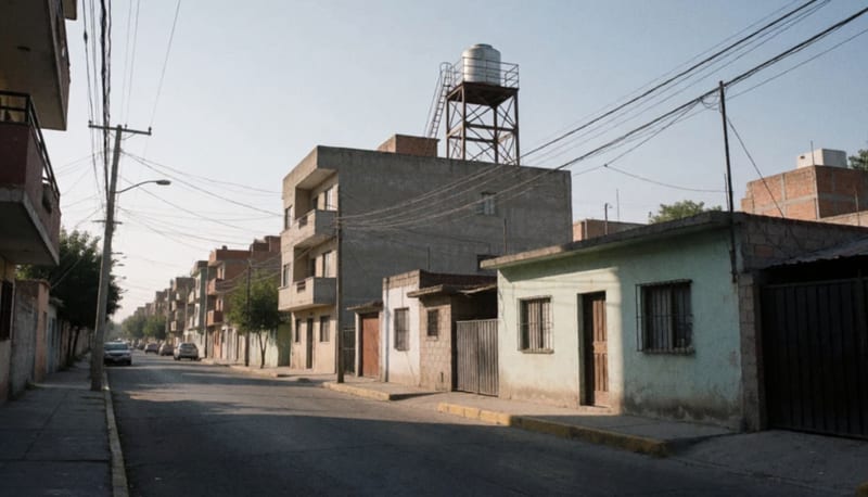 Calle residencial de la capital chihuahuense con tanques de agua y líneas eléctricas sobre las viviendas