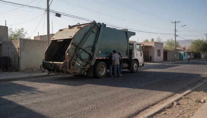 Camión recolector de basura estacionado en una calle residencial, mostrando signos de desgaste