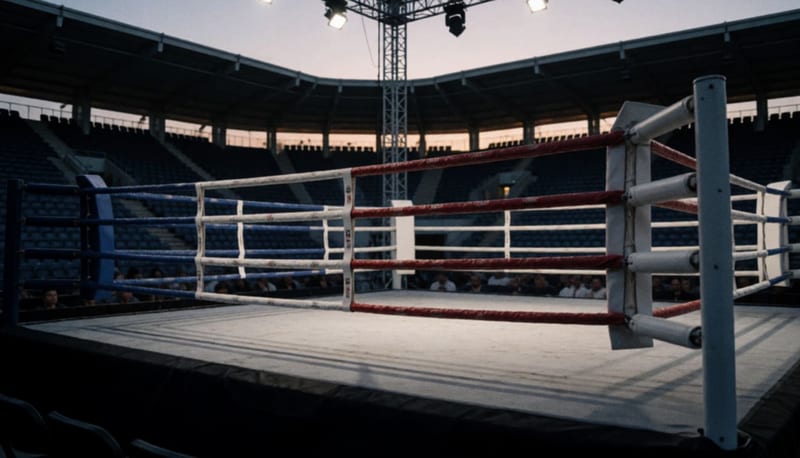 Cuadrilátero vacío de un ring de boxeo iluminado al atardecer