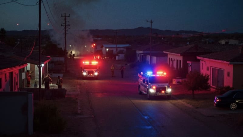Vehículos de emergencia estacionados en una calle residencial de Camargo con luces intermitentes encendidas