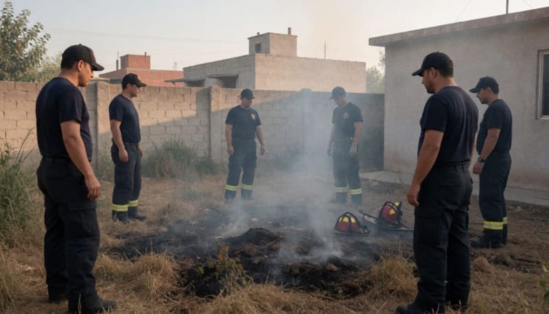 Bomberos inspeccionando un terreno residencial con hierba quemada en un patio trasero