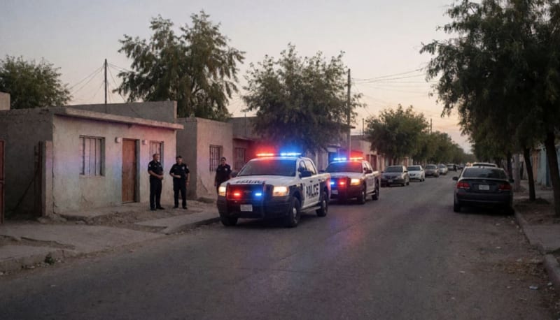 Patrullas con luces de emergencia en una calle residencial durante un operativo policial en la tarde