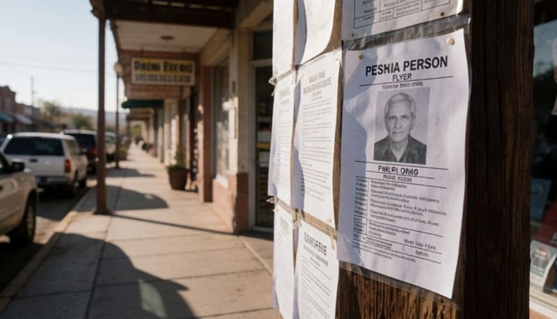 Cartel de búsqueda pegado en un poste de una plaza delicienense, con información del adulto mayor desaparecido