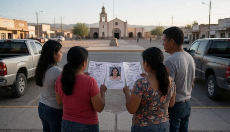 Familiares sosteniendo carteles de búsqueda en una plaza de Ojinaga bajo la luz de la mañana