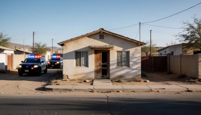 Fachada de vivienda con daños en la puerta, vehículos policiales con luces destello de fondo en zona residencial desértica