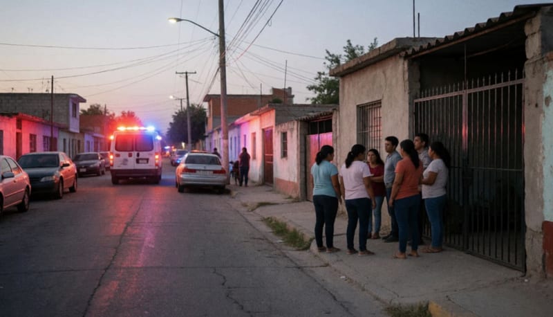 Familiares esperando en la banqueta de una calle residencial al anochecer mientras una ambulancia con luces encendidas se ve al fondo