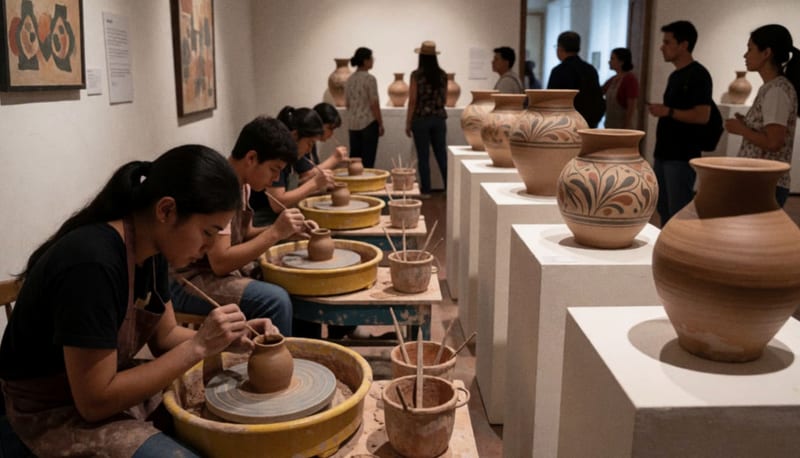 Artesanos trabajando en la elaboración y pintura de piezas de cerámica dentro de un museo de arte en Texas