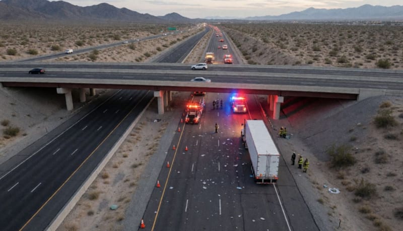 Vista aérea de un paso elevado sobre una autopista en el desierto con un tráiler detenido y luces de emergencia