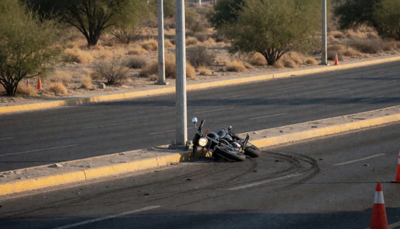Motocicleta caída junto a un poste en el acotamiento de una avenida amplia con conos naranjas al atardecer