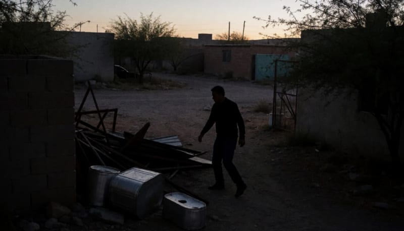Silueta de un hombre entre botes y materiales de metal en un terreno desértico al atardecer