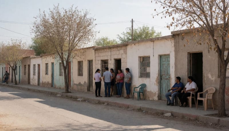 Calle residencial con casas de un piso desgastadas y familias conversando en la banqueta bajo el sol de la tarde