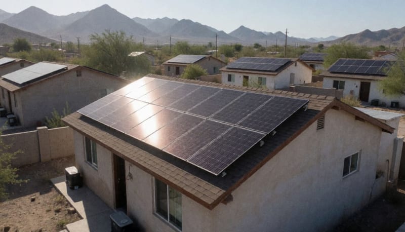 Paneles solares bifaciales instalados en techos de casas residenciales con montañas desérticas al fondo