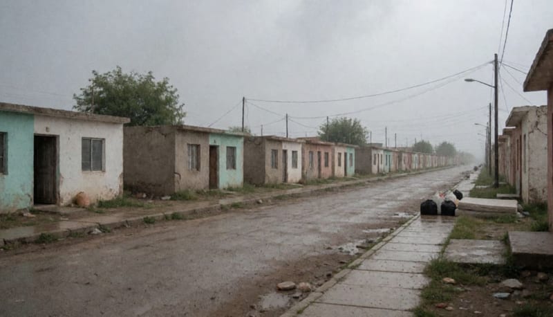 Calle de casas sencillas de un fraccionamiento, bajo un cielo nublado