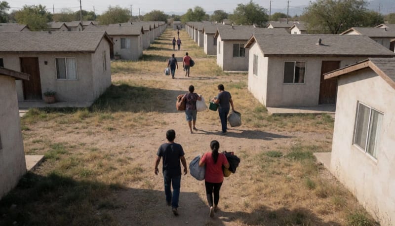 Fraccionamiento de casas iguales de un piso con familias a lo lejos en Cuauhtémoc