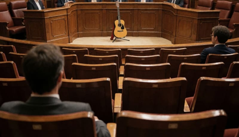 Salón de sesiones con butacas y una guitarra sobre un soporte en el escenario