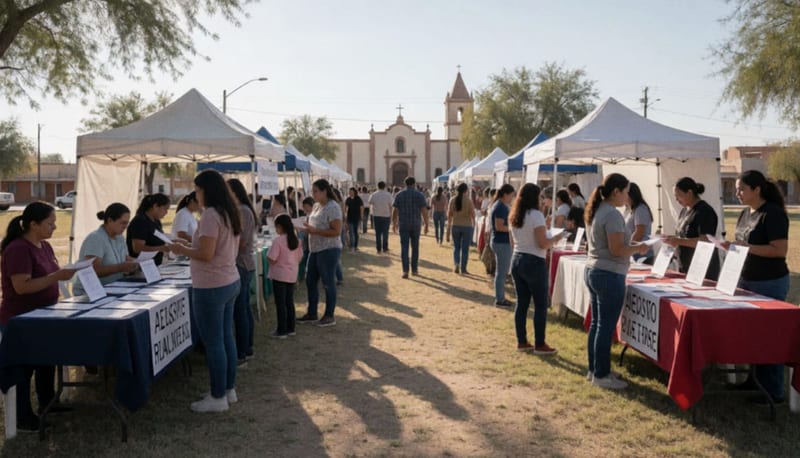 Visitantes recorriendo puestos de información en una feria comunitaria en un parque de la región norte de Chihuahua