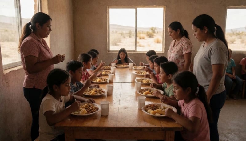 Menores almorzando alimentos saludables en un comedor comunitario del norte de México