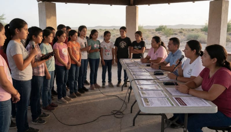 Estudiantes y representantes de organizaciones civiles reunidos en un evento comunitario al aire libre
