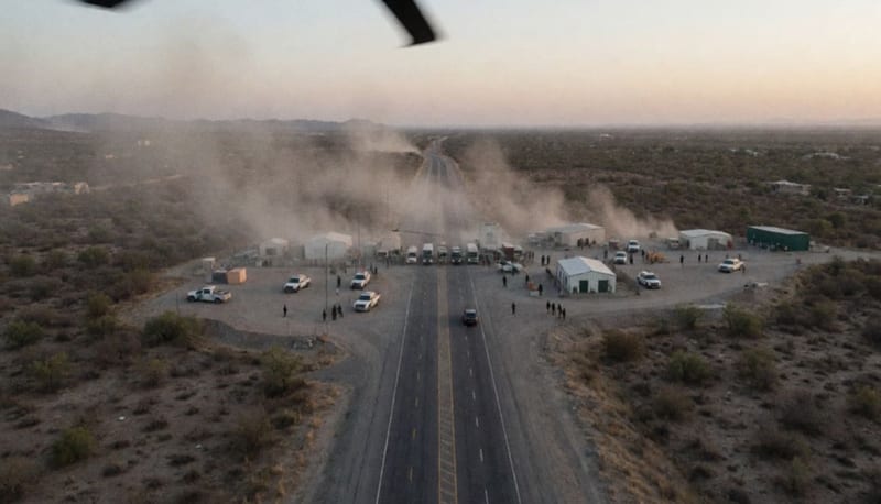 Operativo federal en carretera de Michoacán con vehículos de seguridad y helicóptero militar al atardecer