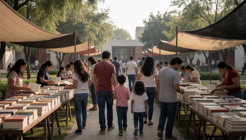 Visitantes recorren mesas con libros bajo toldos en un patio cultural arbolado durante una mañana soleada