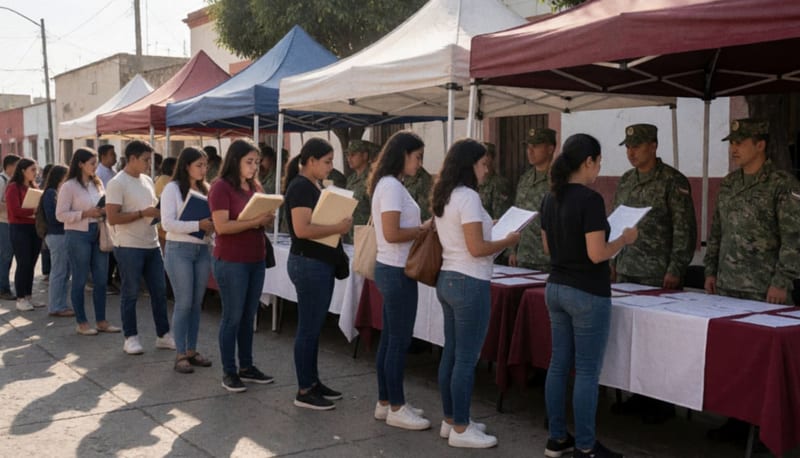 Jóvenes formados en una feria de empleo al aire libre en una plaza de pueblo, con personal militar en módulos informativos