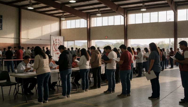 Personas formadas en módulos de atención dentro de un gimnasio durante jornada de servicios