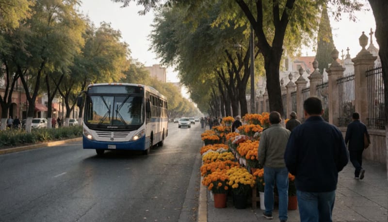 Autobús urbano circulando por una avenida de Chihuahua con puestos de flores de cempasúchil junto a un panteón