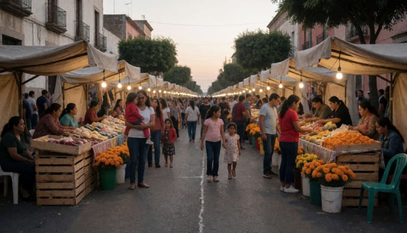 Puestos de mercado con toldos lisos y flores de cempasúchil en una avenida concurrida al atardecer, con familias caminando
