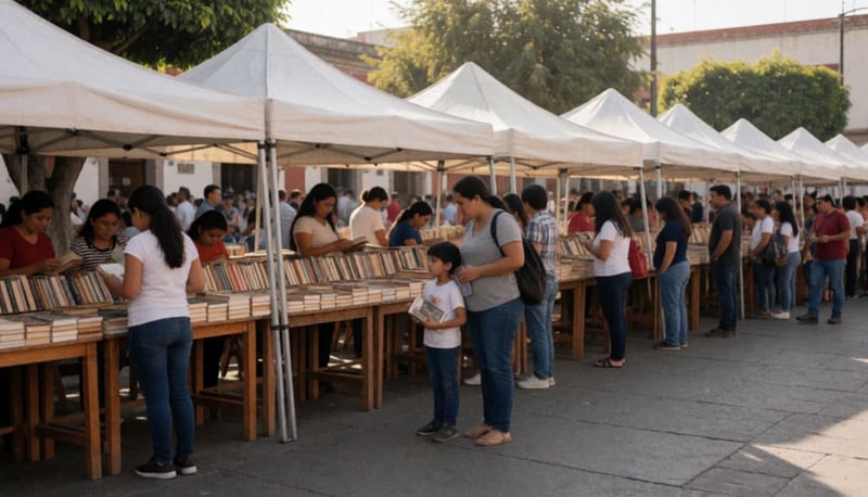Familias y jóvenes recorren mesas de madera con libros bajo toldos blancos en una plaza al aire libre durante la tarde