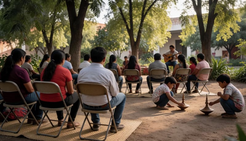 Familias sentadas bajo árboles en un jardín escuchando a un guitarrista mientras niños juegan con trompos de madera en la tierra