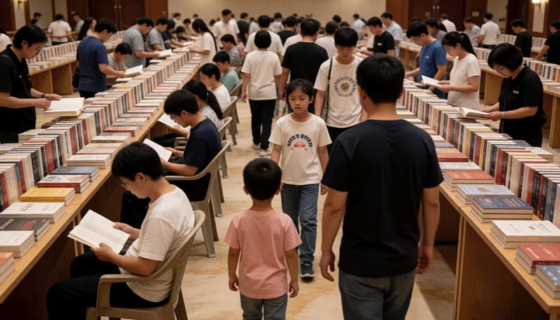 Multitud de visitantes recorriendo pasillos con mesas llenas de libros en un amplio salón, vista desde atrás y en lo alto