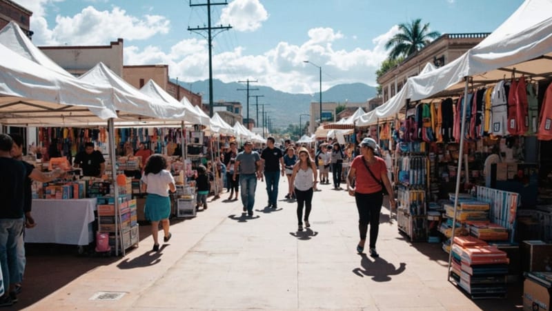 Visitantes recorren los puestos de venta instalados en la plaza del municipio durante el evento de útiles escolares