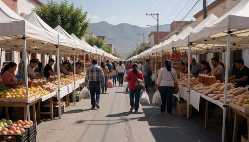 Puestos bajo toldos blancos con frutas, artesanías y pan, mientras familias recorren un mercado al aire libre en un día soleado