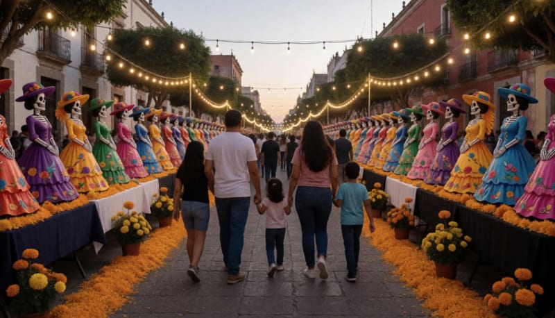 Plaza al atardecer con figuras de catrinas sobre mesas, flores de cempasúchil y familias paseando bajo luces cálidas