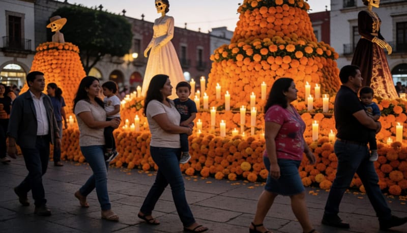Familias recorren una plaza al atardecer entre grandes altares de flores naranjas, velas encendidas y figuras de esqueletos elegantes