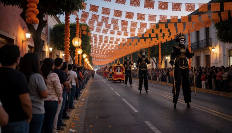 Desfile nocturno por una avenida con zancudos disfrazados, flores de cempasúchil y un público de espaldas en la banqueta