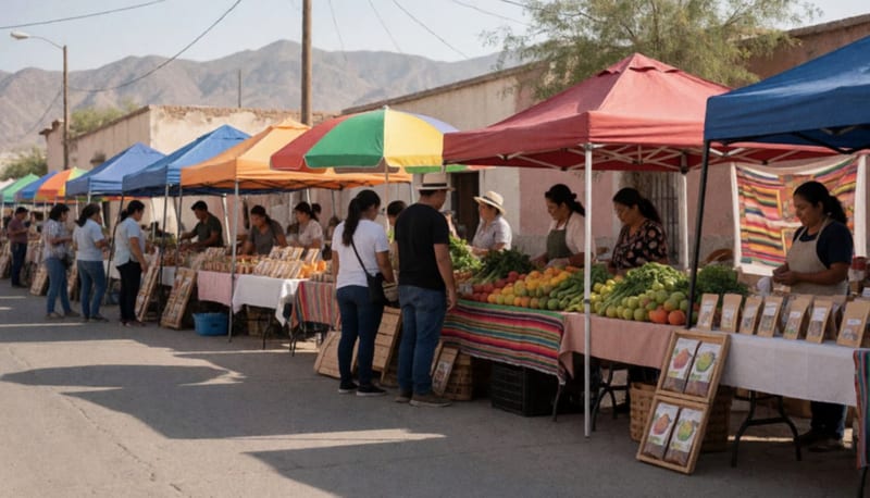 Vendedores y clientes recorren puestos con productos agrícolas y artesanales bajo toldos en una plaza del desierto