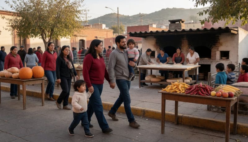 Familias recorren una plaza con mesas de calabazas, chiles y maíz, hornos de pan y un corral con cerditos