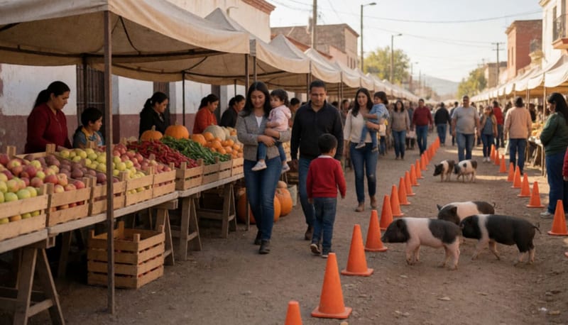 Familias recorren una feria al aire libre con cajas de manzanas, calabazas y chiles mientras niños observan cerditos en una pista de tierra