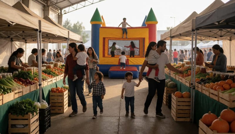 Familias recorren puestos con cajas de frutas y verduras bajo toldos mientras niños juegan en un brinca-brinca al fondo