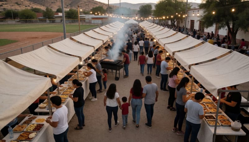 Familias caminan entre puestos de comida con toldos lisos en una feria al aire libre al atardecer, con un campo de béisbol al fondo
