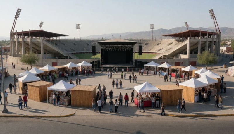 Plaza con stands comerciales y escenario en un estadio al aire libre de una ciudad del norte de México
