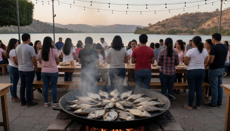 Familias reunidas al atardecer en una plaza junto a un lago, alrededor de una discada de pescado sobre el fuego