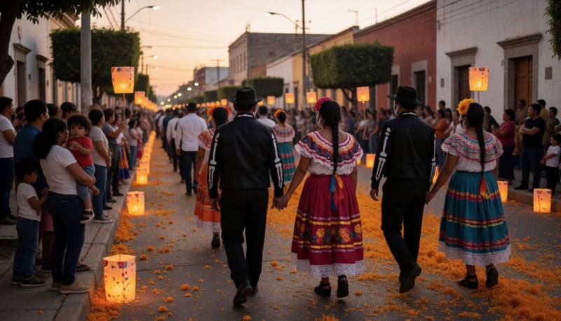 Procesión de personas con rostros pintados de catrina caminando por una avenida al atardecer entre pétalos de cempasúchil y faroles