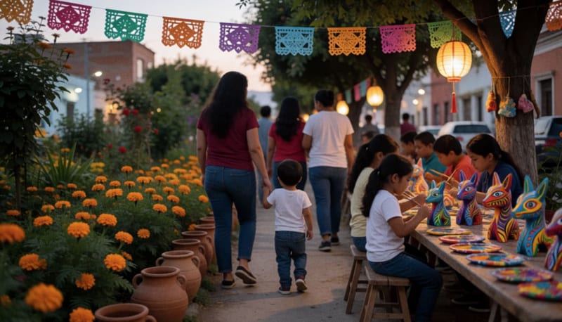 Familias y niños pintando figuras de colores en una mesa larga al aire libre entre flores de cempasúchil al atardecer
