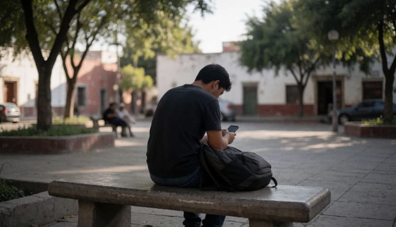 Joven sentado de espaldas en una banca de plaza sombreada, con mochila a un lado, mirando algo entre sus manos