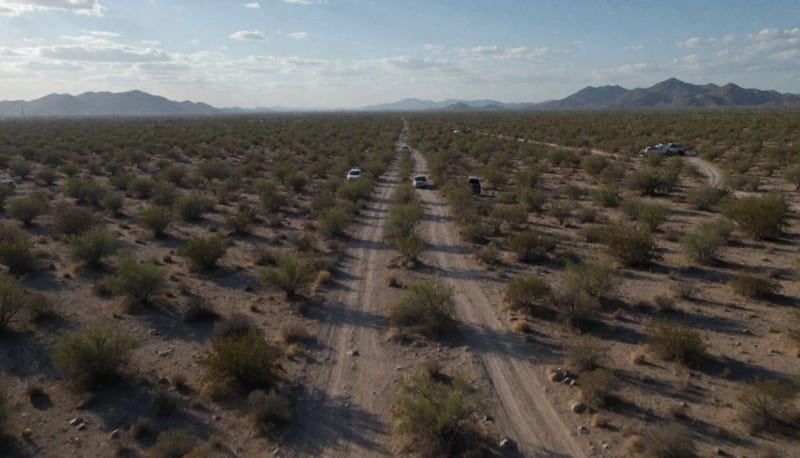 Camino de terracería en terreno desértico de la región fronteriza con vehículos a distancia y vegetación árida