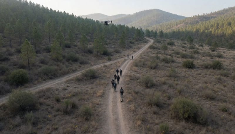 Grupo de personas recorriendo a pie una brecha entre matorral seco y cerros con pinos mientras un dron vuela sobre el terreno