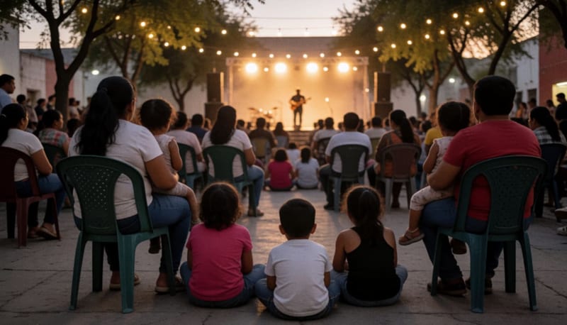 Familias sentadas al atardecer en una plaza al aire libre frente a un escenario iluminado con luces cálidas