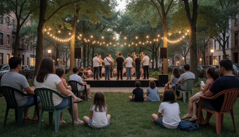 Familias sentadas en un parque arbolado al atardecer escuchan a una banda de músicos con instrumentos de viento en un escenario al aire libre